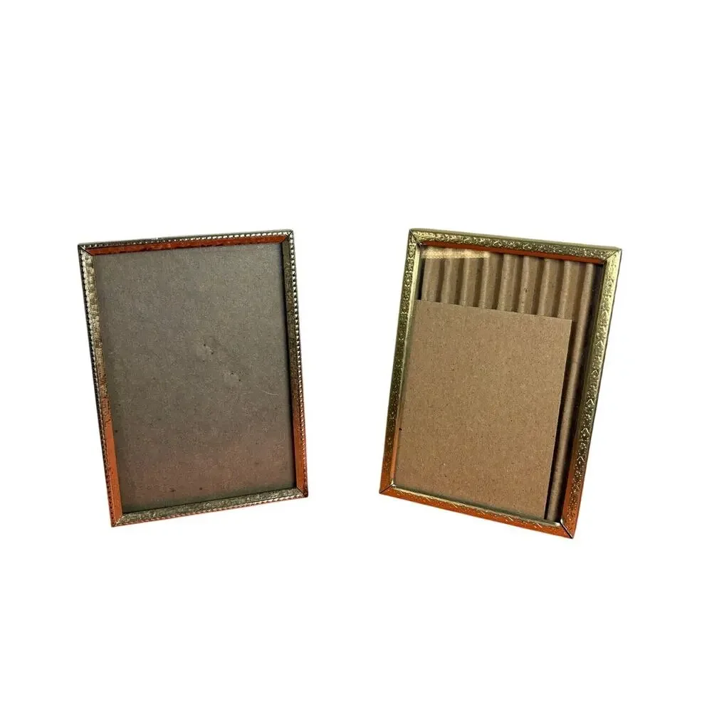 Vtg Set of 2 Rectangle Mini Picture Frames Gold Metal Trim Glass backing Classic